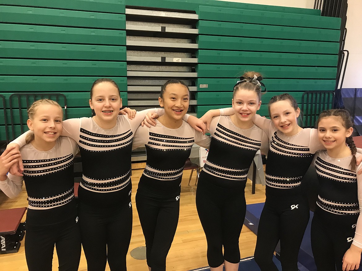 Courtesy photo
Avant Coeur Gymnastics Xcel Golds competed at the Snow Globe Classic in Rathdrum. From left are Alyssa Caywood, Bethany Rohrenbach, WuYi Walters, Sarah Hudson, Maya Duce and Jasmine Quagliana.