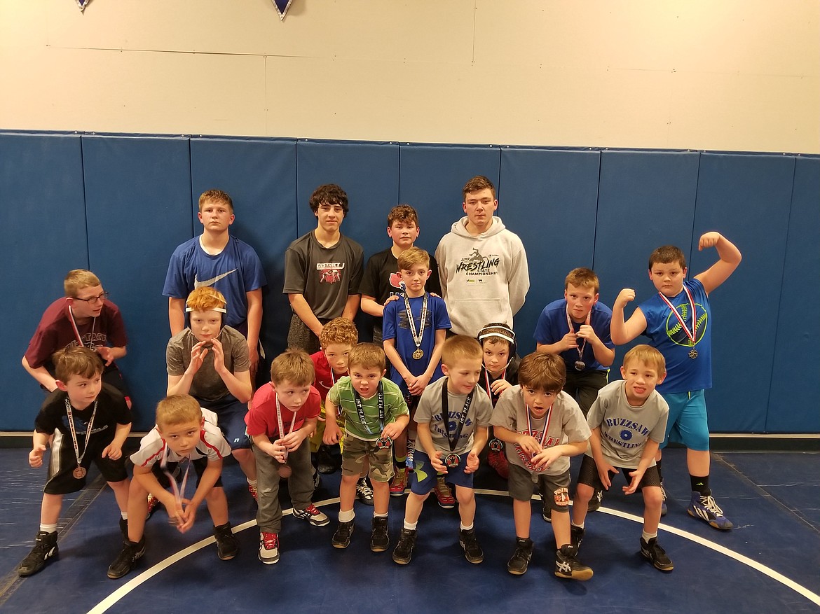 Courtesy photo
The Buzzsaw Wrestling Club competed March 3 at a tournament at North Central High in Spokane. In the front row from left are Cade Robbins, Seth Fredrickson, Jacob Rade, Brock Armstrong, Wyatt Carey, Drake Paragamian, Dallas Hays, Colton Tucker, Cole Armstrong, Gabe Wullenwaber, Valdez and Wyatt Lyle; and back row from left, middle school wrestlers Joe Kaitz, Austin Smith, Teagan Hunsaker, Demarco Piazza, Dylan Moffat and James Billingsly.