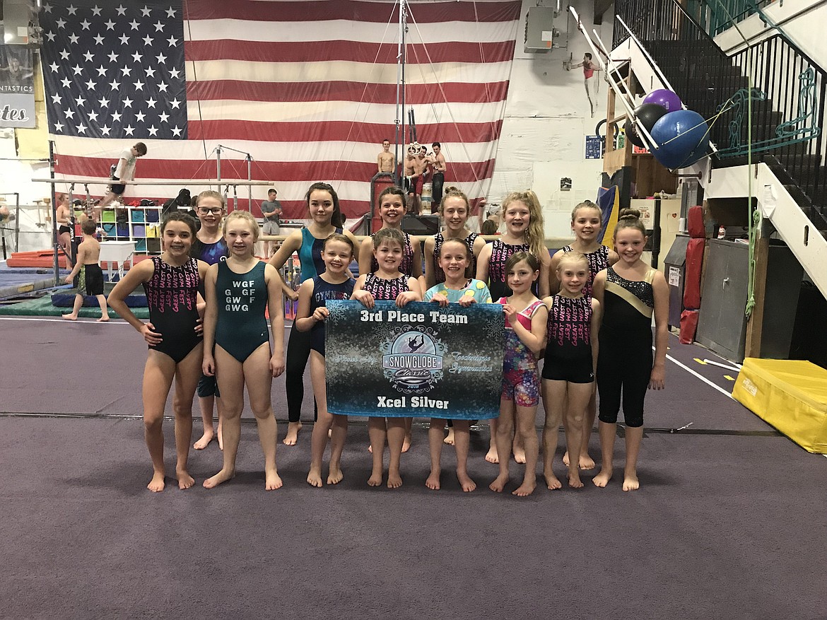 Courtesy photo
Avant Coeur Gymnastics Xcel Silvers took third place at the Snow Globe Classic in Rathdrum. In the front row from left are Mya Trejos, Avary McAllister, Hailey Garner , Rachel Hudson, Emily Vaughan, Madilynn Jereczek, Dakota Hoch and Sophia Green; and back row from left, Teigan Pope, Sammy Pereira, Aiva Reed, Ellie Pavey, Cameron Cox and Amberly Johnson.