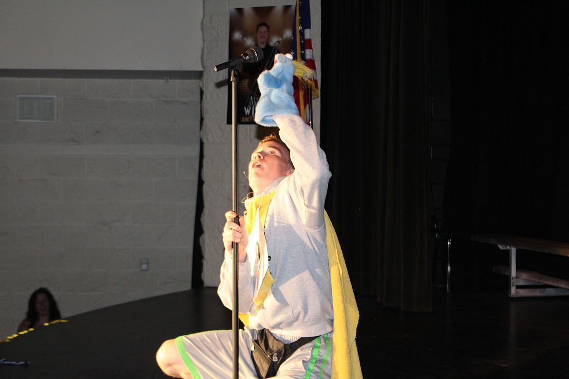 Cheryl Schweizer/Columbia Basin Herald
Leaf (Taggert Hodges) relies on his imaginary friend to help him navigate &#145;The 25th Annual Putnam County Spelling Bee.&#146; The Quincy High School production opens Thursday.