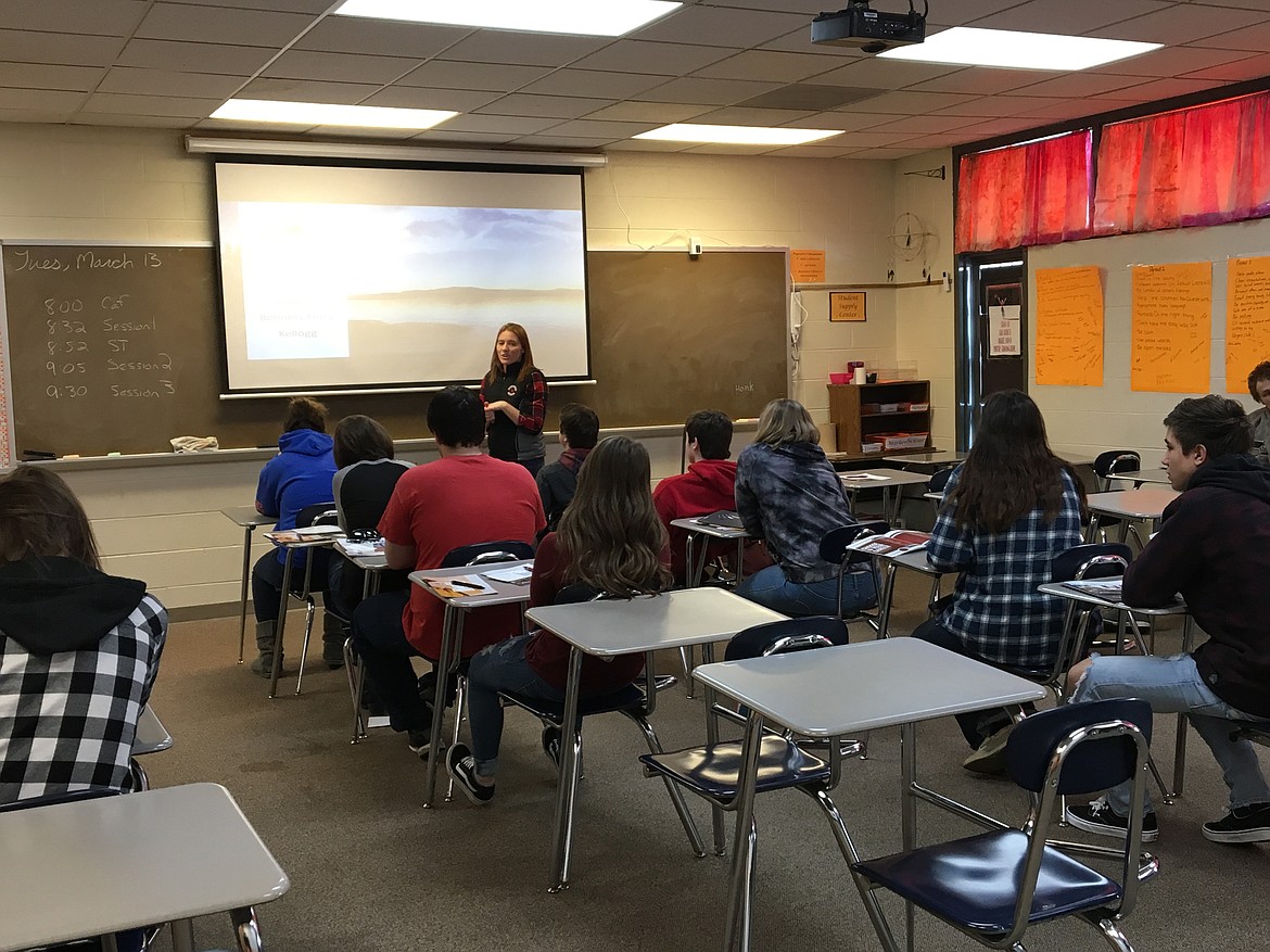 (Photo courtesy PRIEST RIVER LAMANNA HIGH SCHOOL)
A representative from North Idaho College talks to Priest River Lamanna High School students at the school&#146;s Higher Ed Tour on Tuesday. Higher Education Days is an event for juniors where representatives from the colleges of Idaho visit high schools to talk about their programs. At Tuesday&#146;s event, seven college representatives visited the school, including the University of Idaho, North Idaho College, and Idaho State University. In addition, the school welcomed representatives from other places for those who are not as interested in the college path right after high school. Representatives from the Army, Navy, and Marines were here to talk about their pathways into serving the country and going into higher education.