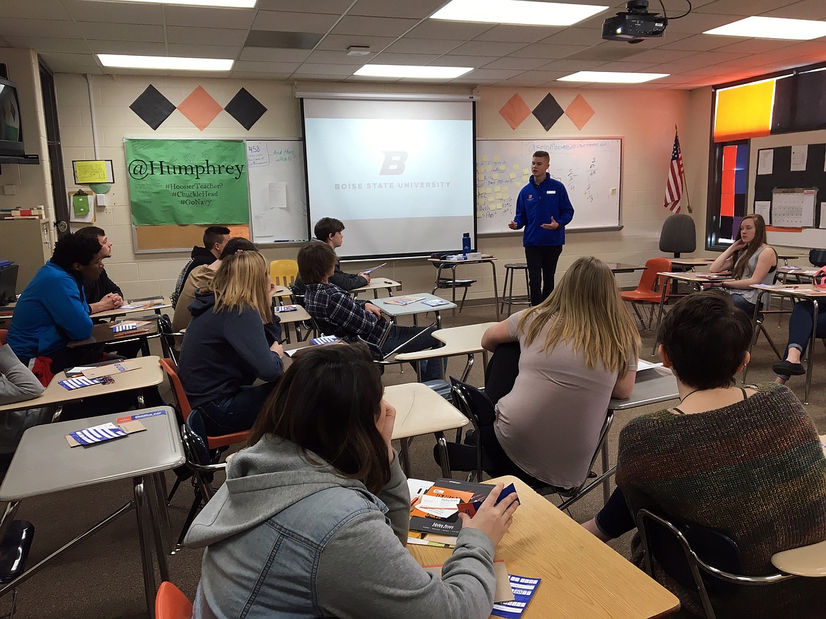 (Photo courtesy PRIEST RIVER LAMANNA HIGH SCHOOL)Priest River Lamanna High School students listen to a presentation from a Boise State University representative during the school's Higher Ed Tour on Tuesday.