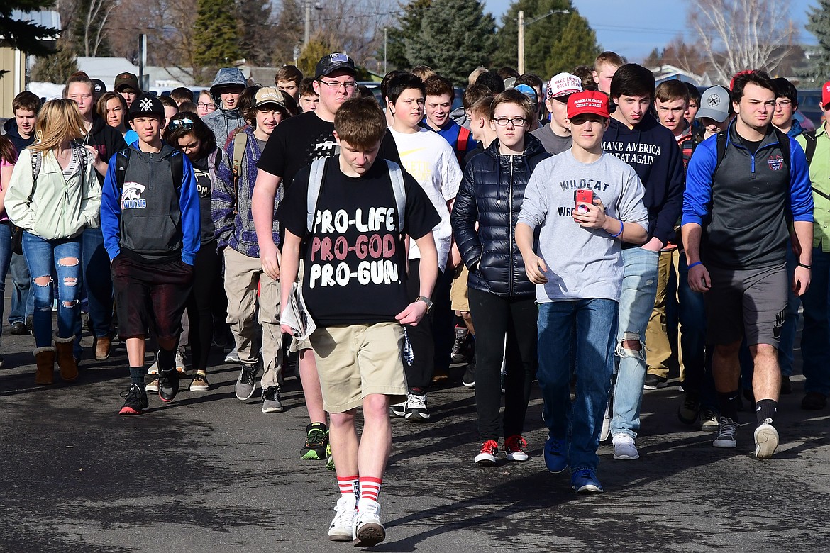 More than 50 Columbia Falls students joined Wednesday&#146;s walkout as part of a group that said it mourned the loss of life in Florida, but suppored gun rights. (Jeremy Weber photo)