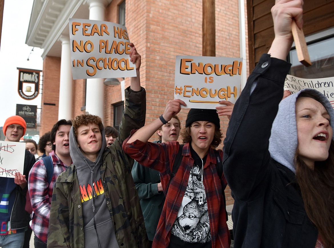 A group of about 20 Whitefish High School students marched through downtown Whitefish Wednesday morning chanting, &#147;no more violence.&#148; A walkout at 10 a.m. had been called for across the country by the Women&#146;s March Youth Empower #Enough National School Walkout initiative on the one-month anniversary of the shooting in Parkland, Florida. The walkout was said to be to protest gun violence in the wake of the mass shooting that left 17 dead.