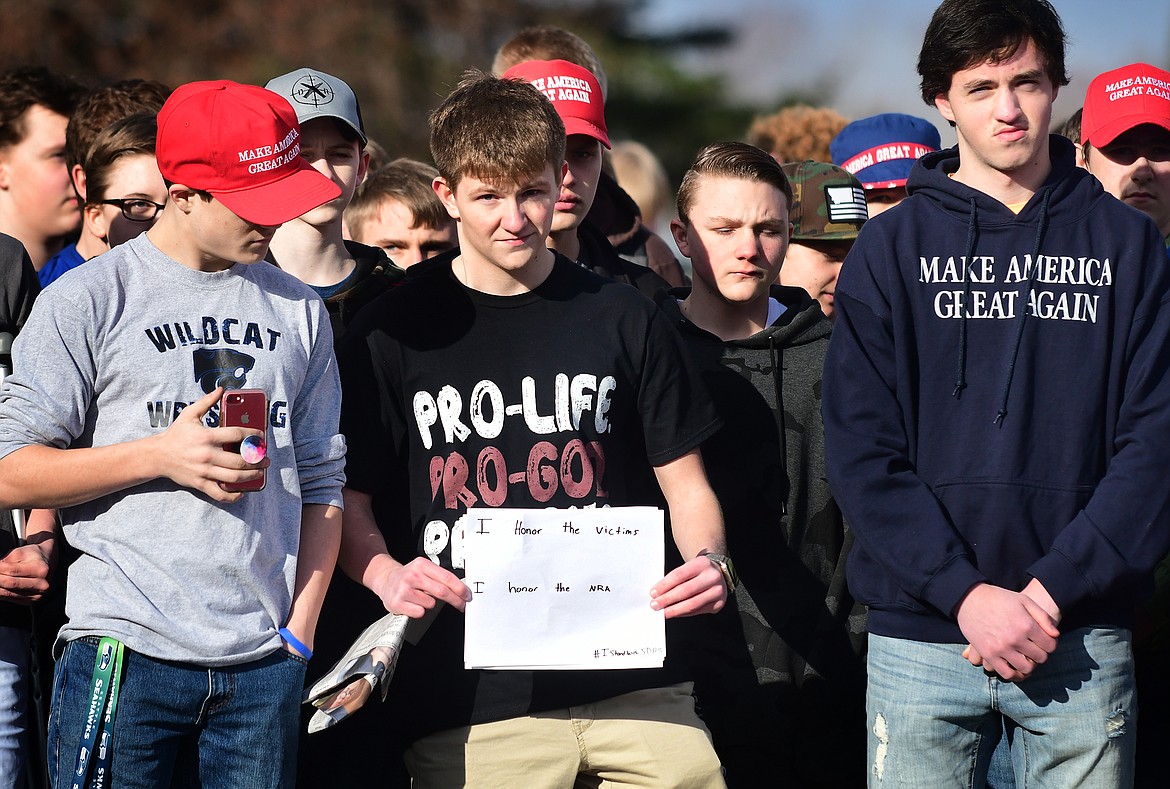 Columbia Falls student Braxton Shewalter led a group of students during Wendesday&#146;s walkout that memorialized those lost in the Florida shooting, but also supported gun rights. (Jeremy Weber photo)