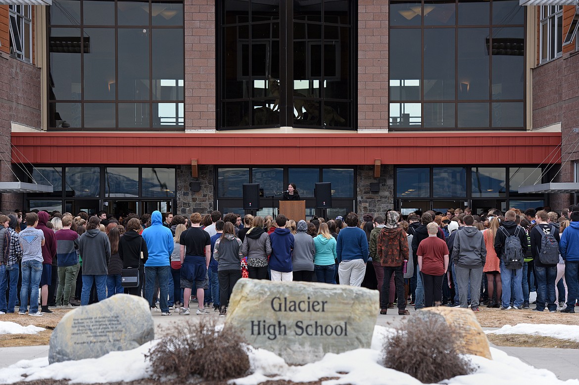 Students participate in a 17-minute #Enough! National School Walkout at Glacier High School on Wednesday to protest gun violence and to mark one month since a mass shooting left 17 dead at Marjory Stoneman Douglas High School in Parkland, Fla. (Casey Kreider/Daily Inter Lake)