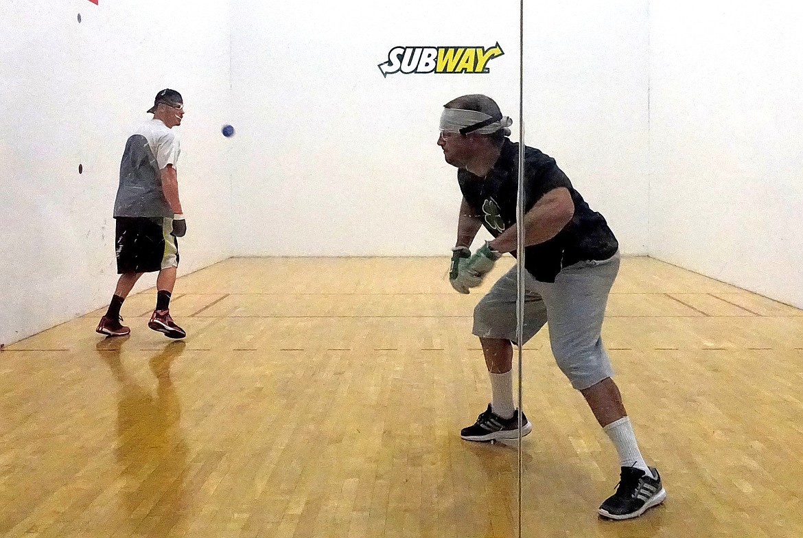 (Courtesy photo)
Local Eric Plummer, pictured hitting from the back court, lost 21-15, 21-4 to Gilbert Rosales in the Open Division finals of the Idaho State Handball Championships in Pocatello last weekend. Plummer was trying to defend his state title, but had no answers for the unique offensive firepower of Rosales, a pro 3-wall player and accomplished boxer who recently moved to Boise from Los Angeles. Declan Plummer also represented Sandpoint, losing a pair of close tie-breakers in both the B-singles and in a Idaho vs. Utah showdown in the finals of the B doubles. En route to the Open finals, Plummer defeated former Idaho State starting free safety Cody Soresnsen of Pocatello, an up and coming player, and former state champ Matt Sevieri from Boise in the semis. Rosales posted a similar convincing win in the semis, beating former College of Idaho pitcher Carson Taysum from Pocatello in the semis.