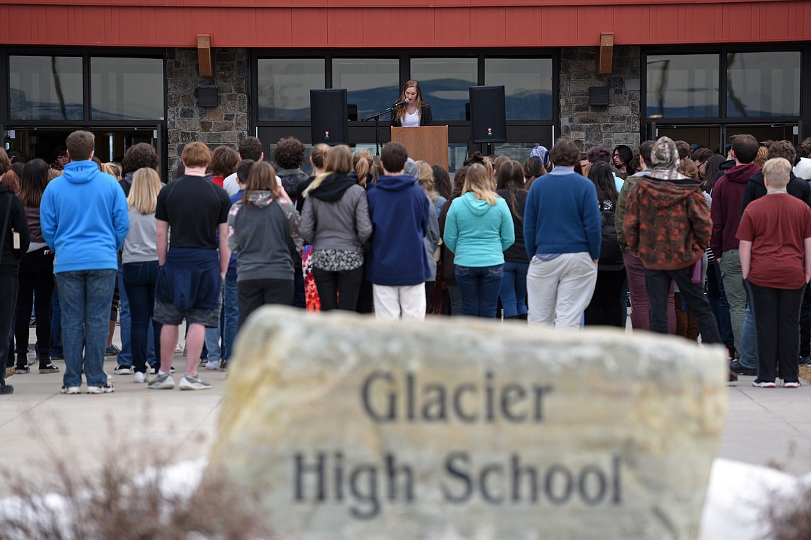 Students participate in a 17-minute #Enough! National School Walkout at Glacier High School on Wednesday to protest gun violence and to mark one month since a mass shooting left 17 dead at Marjory Stoneman Douglas High School in Parkland, Fla. (Casey Kreider/Daily Inter Lake)