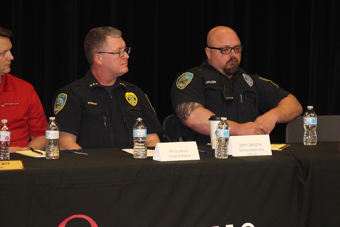 Cheryl Schweizer/Columbia Basin Herald
Othello Police Chief Phil Schenk (left) and OPD school resource officer Seth Carlson were among the speakers at a school security forum Monday.