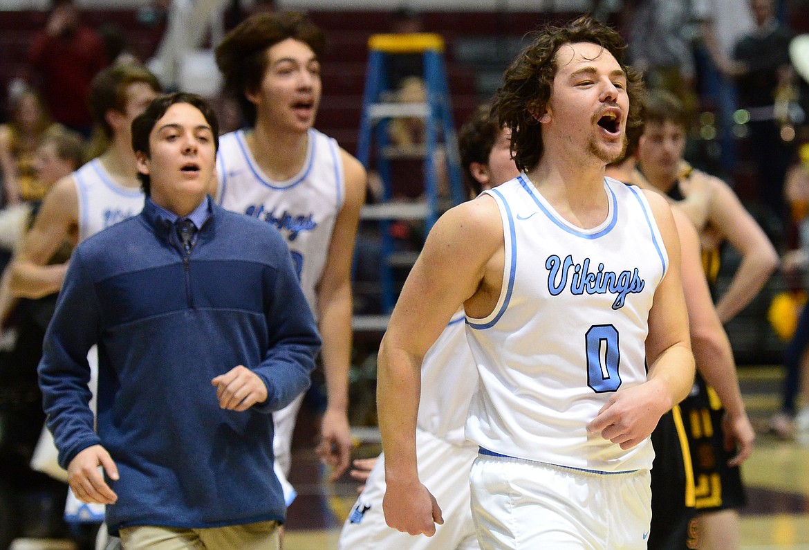 Bigfork's Anders Epperly celebrates after a 60-56 win over Shelby in the championship of the 2018 State Class B Boys' Basketball Tournament at Dahlberg Arena in Missoula on Saturday, March 10. (Casey Kreider/Daily Inter Lake)