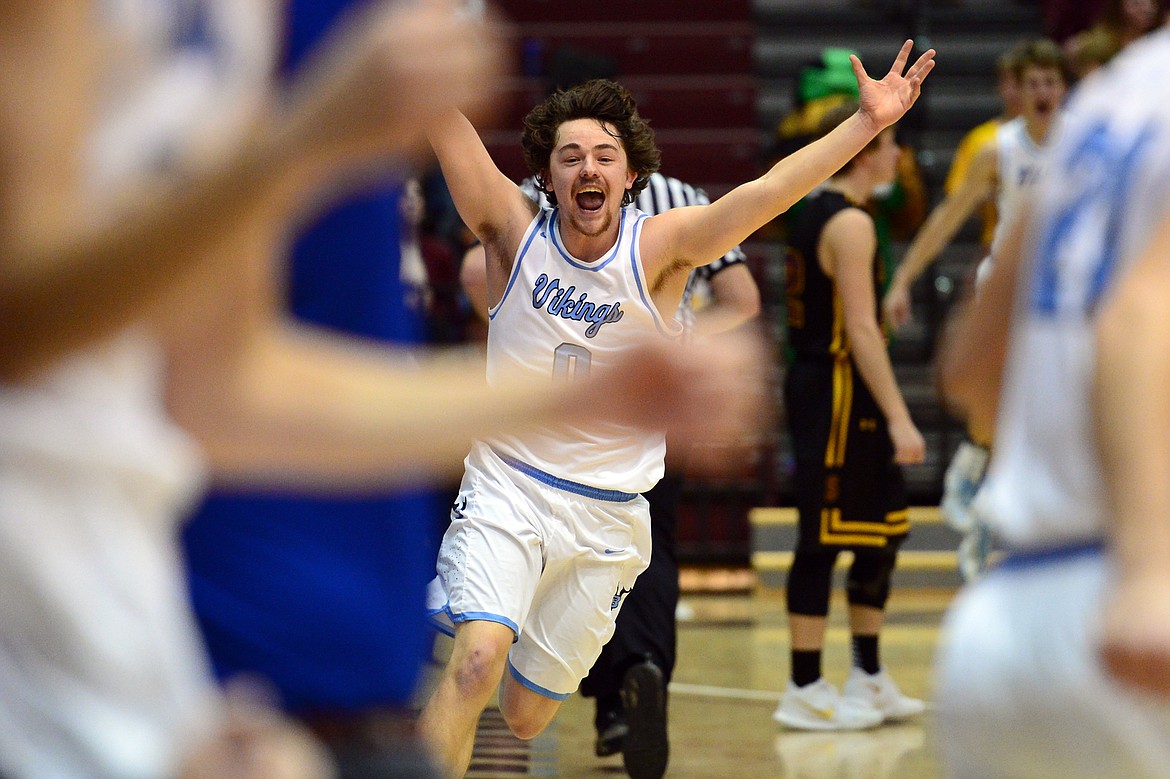 Bigfork's Anders Epperly celebrates after a 60-56 win over Shelby in the championship of the 2018 State Class B Boys' Basketball Tournament at Dahlberg Arena in Missoula on Saturday, March 10. (Casey Kreider/Daily Inter Lake)