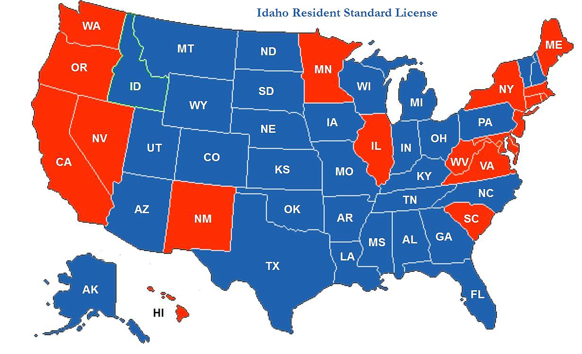 Red states do not reciprocate with Idaho Standard Concealed Carry.