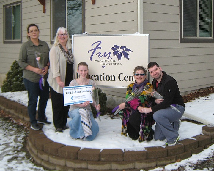 Courtesy photo
Boundary Community Hospital and North Idaho College announced the graduation of the winter semester Certified Nursing Assistant (CNA) class. Pictured left to right: Martha Fowler, Instructor Tracey Maas, RN, Genoa May Rice, Kelly Crowder, and Quinn Kessell.