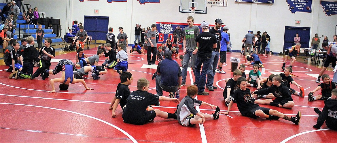 Little Guy Wrestlers warm up to compete with Novice and Middle teams in Superior for the Valley Qualifier on Sat. March 10. Clark Fork Mountain Cats walked away with seven first place wins. (Kathleen Woodford/Mineral Independent).