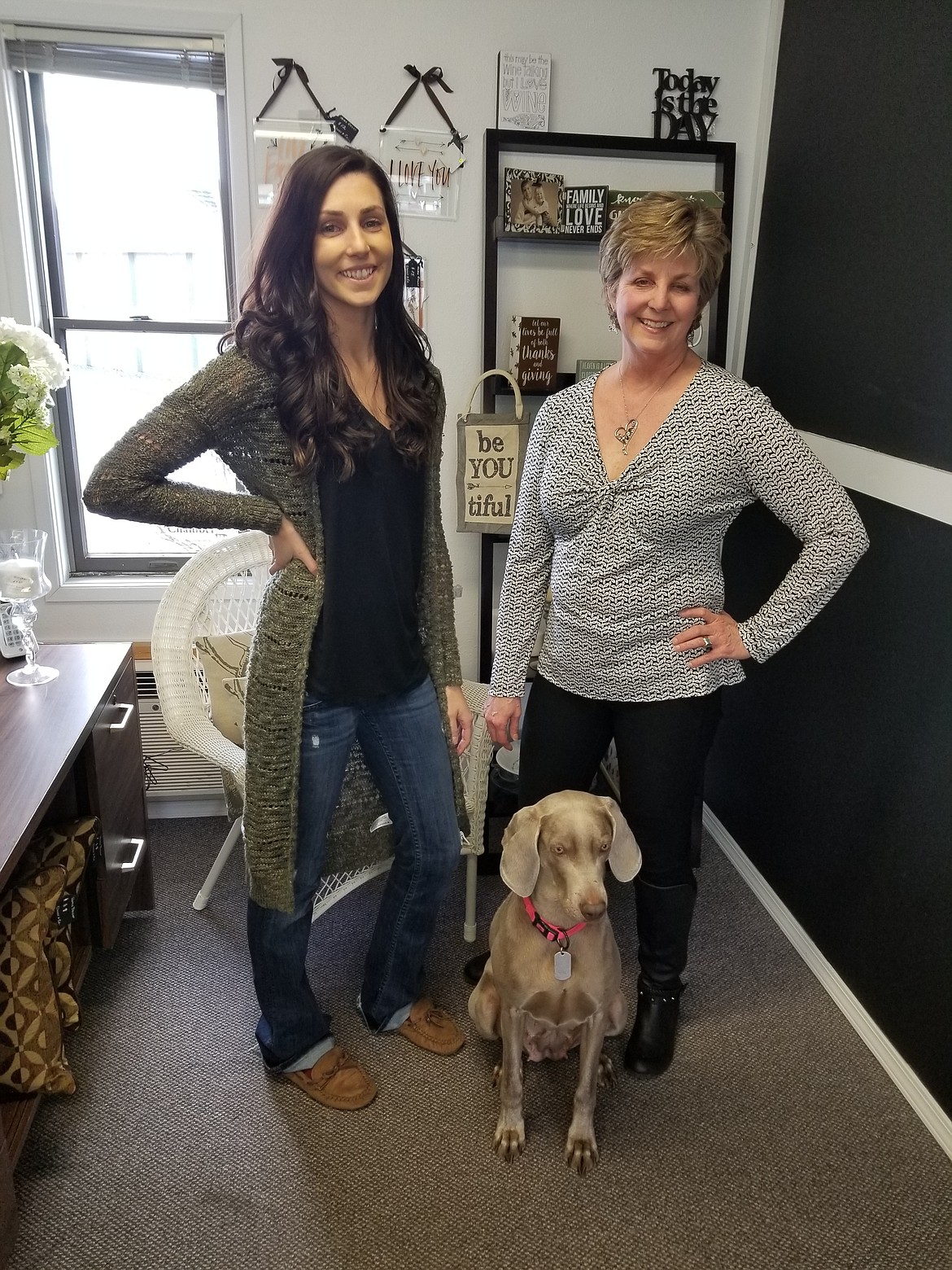 Photos by Mandi Bateman
Amanda Langston and Norma Umphress, in their new business Clover &amp; Co., with the store&#146;s namesake, Clover the Weimaraner.