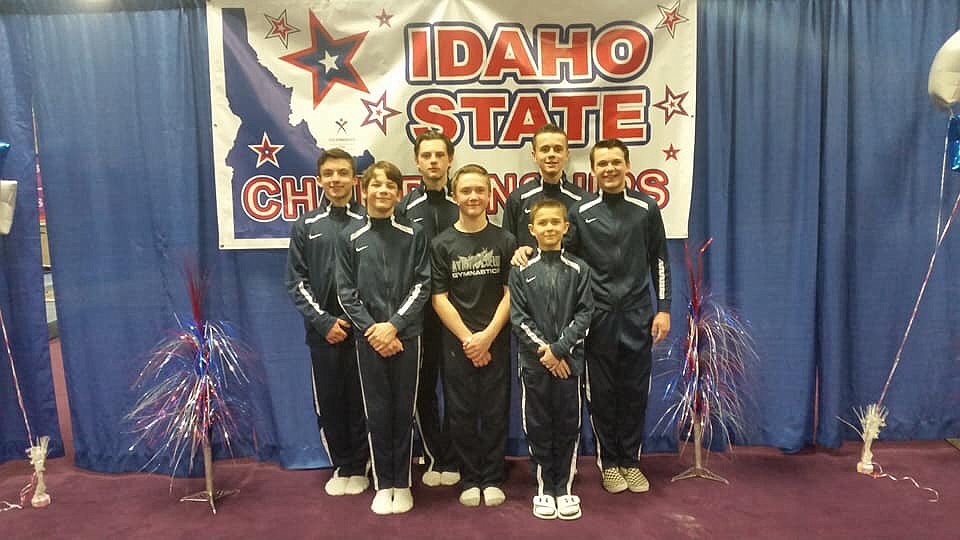 Courtesy photo
Team Avant Coeur Gymnastics boys level 9 and 10, and Junior Development. competed at the recent state championships in Boise. In the front row from left are Daniel Fryling, Jesse St. Onge and Caden Severtson; and back row from left, Conner Fulks, Daben Griffey, Jon Winkelbauer and Kyle Morse.