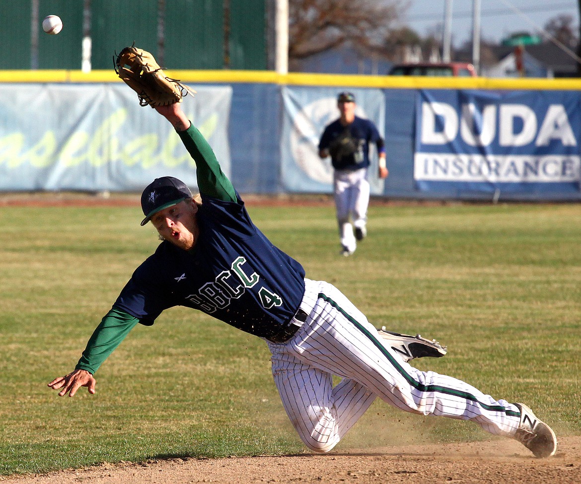 Rodney Harwood/Columbia Basin Herald 
Big Bend shortstop Kyle Tolf lays out to try and stop a ball hit through the infield in Wednesday's doubleheader with Walla Walla. The Vikings swept the Warriors 12-0 and 13-3.