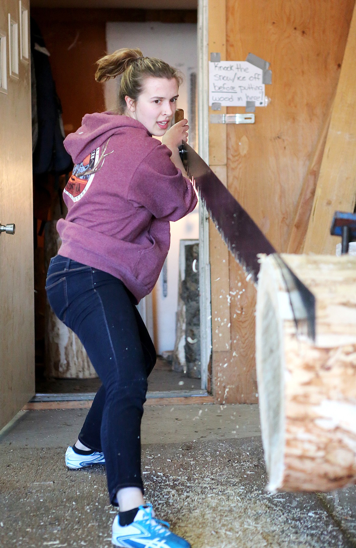 Whitney Barr saws through a log during a FVCC logger sports team practice.