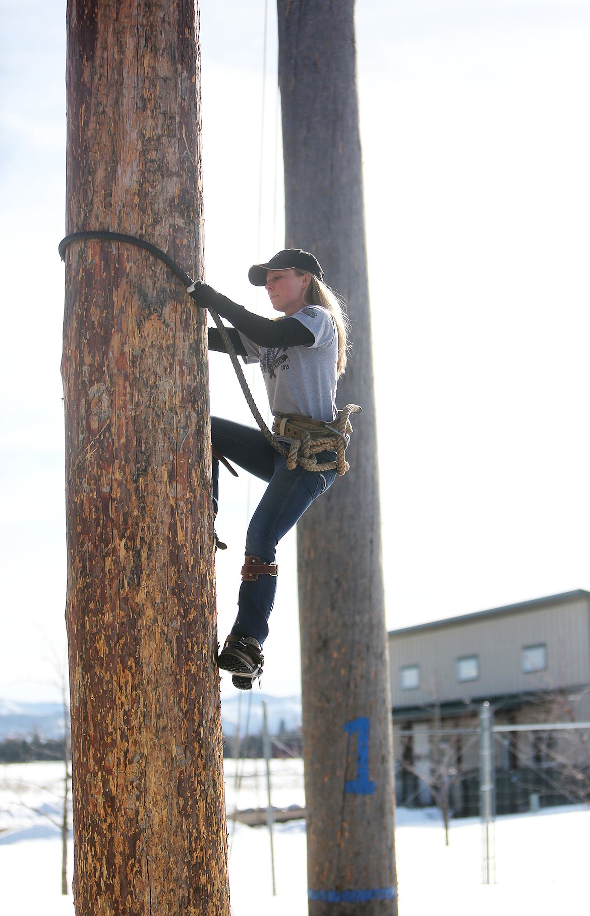 Amber Larsen climbs a pole, hoping to reach the 30-foot mark, at Flathead Valley Community College. (Mackenzie Reiss/Daily Inter Lake)