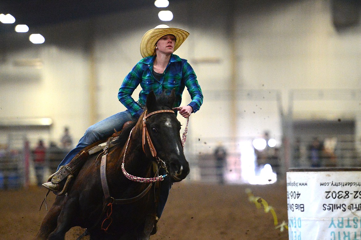 Darbee Lytle, of Polson, competes in the barrel racing event at the Montana High School Rodeo Association 2018 at Majestic Valley Arena in Kalispell on Friday. (Casey Kreider/Daily Inter Lake)