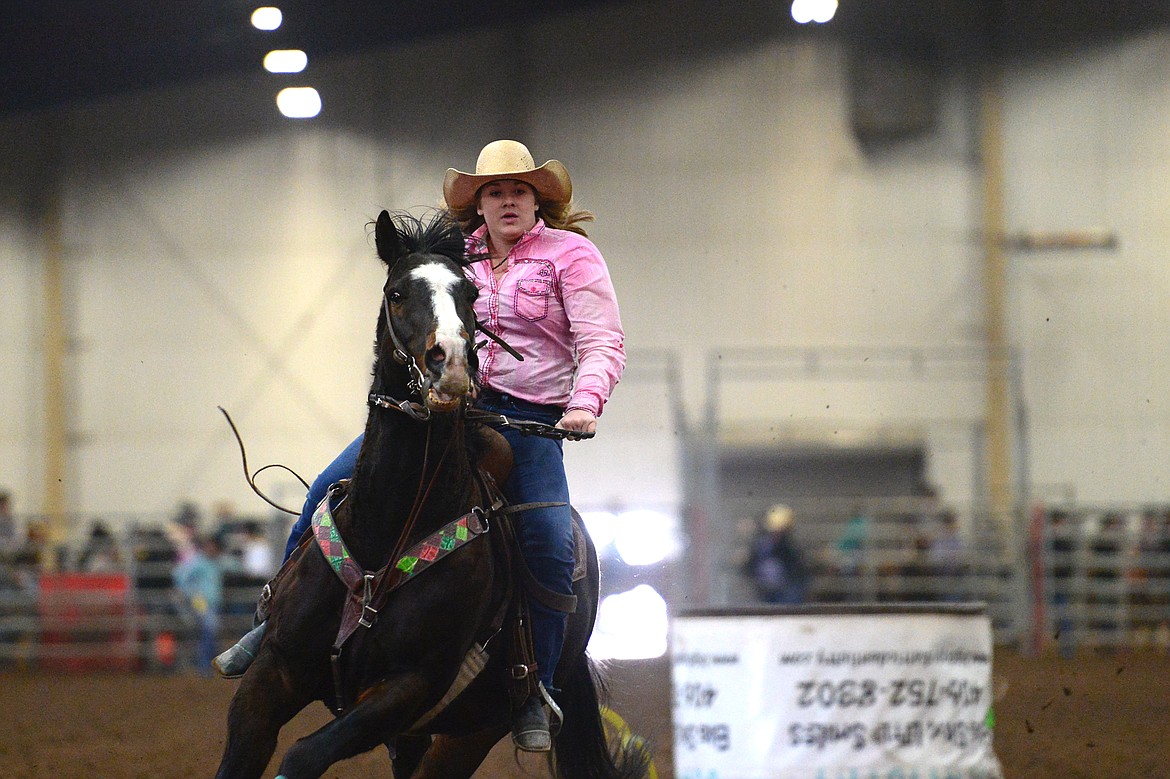 Cheyenne Lytle, of Ronan, competes in the barrel racing event at the Montana High School Rodeo Association 2018 at Majestic Valley Arena in Kalispell on Friday. (Casey Kreider/Daily Inter Lake)