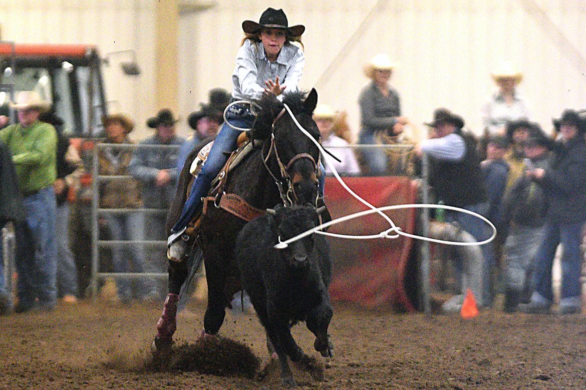 Madison McGlynn, of Helena, ropes a calf during the breakaway event at the Montana High School Rodeo Association 2018 at Majestic Valley Arena in Kalispell on Friday. (Casey Kreider/Daily Inter Lake)