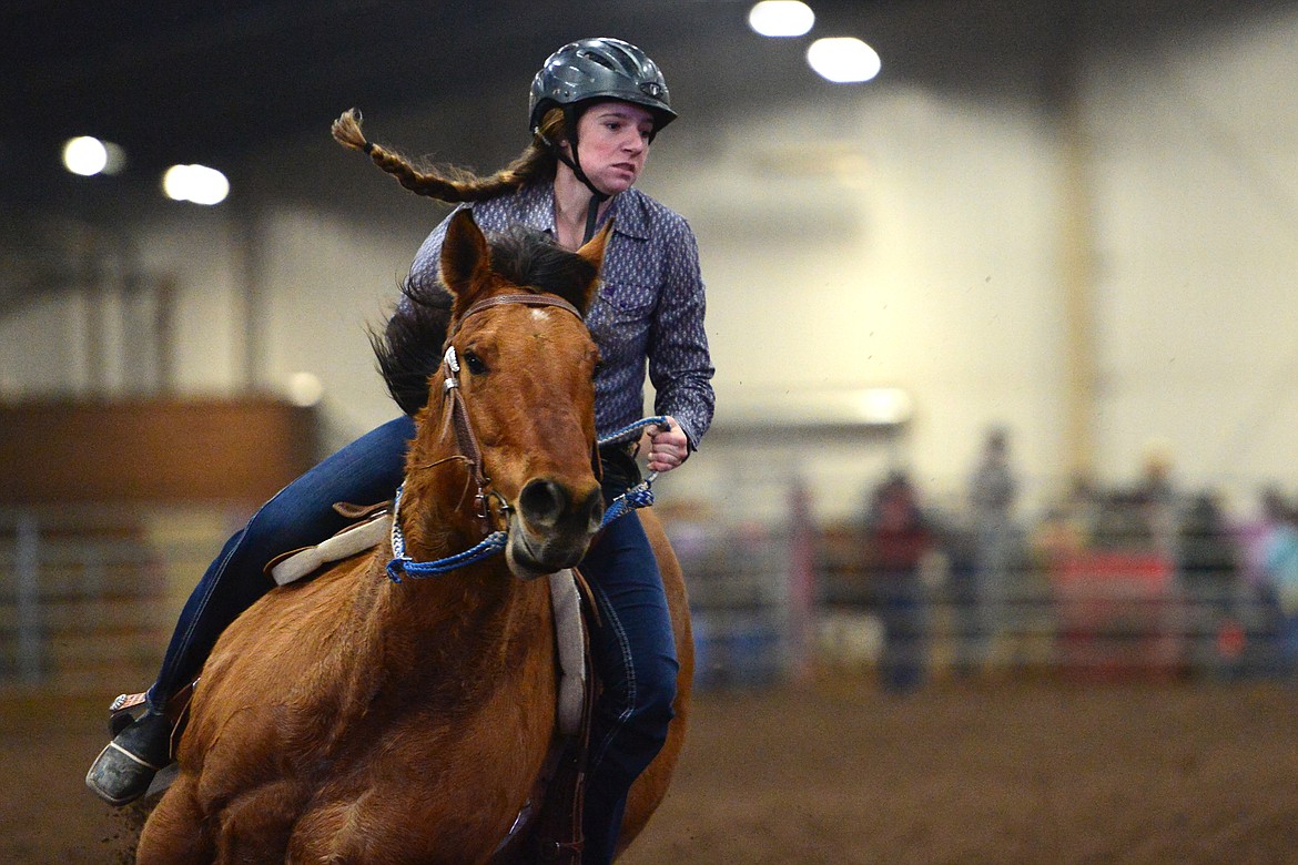 Hailey Weible, of Charlo, competes in the barrel racing event at the Montana High School Rodeo Association 2018 at Majestic Valley Arena in Kalispell on Friday. (Casey Kreider/Daily Inter Lake)