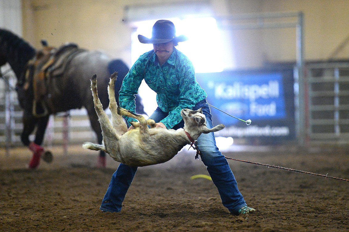 Kassidy Broere, of Dell, competes in the goat tying event at the Montana High School Rodeo Association 2018 at Majestic Valley Arena in Kalispell on Friday. (Casey Kreider/Daily Inter Lake)