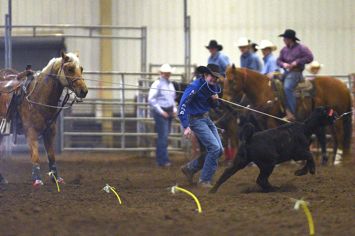 Trapper McAllister, of Ronan, competes in the tie down event at the Montana High School Rodeo Association 2018 at Majestic Valley Arena in Kalispell on Friday. (Casey Kreider/Daily Inter Lake)