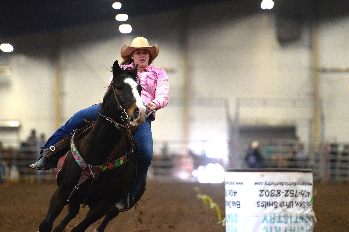 Cheyenne Lytle, of Ronan, competes in the barrel racing event at the Montana High School Rodeo Association 2018 at Majestic Valley Arena in Kalispell on Friday. (Casey Kreider/Daily Inter Lake)