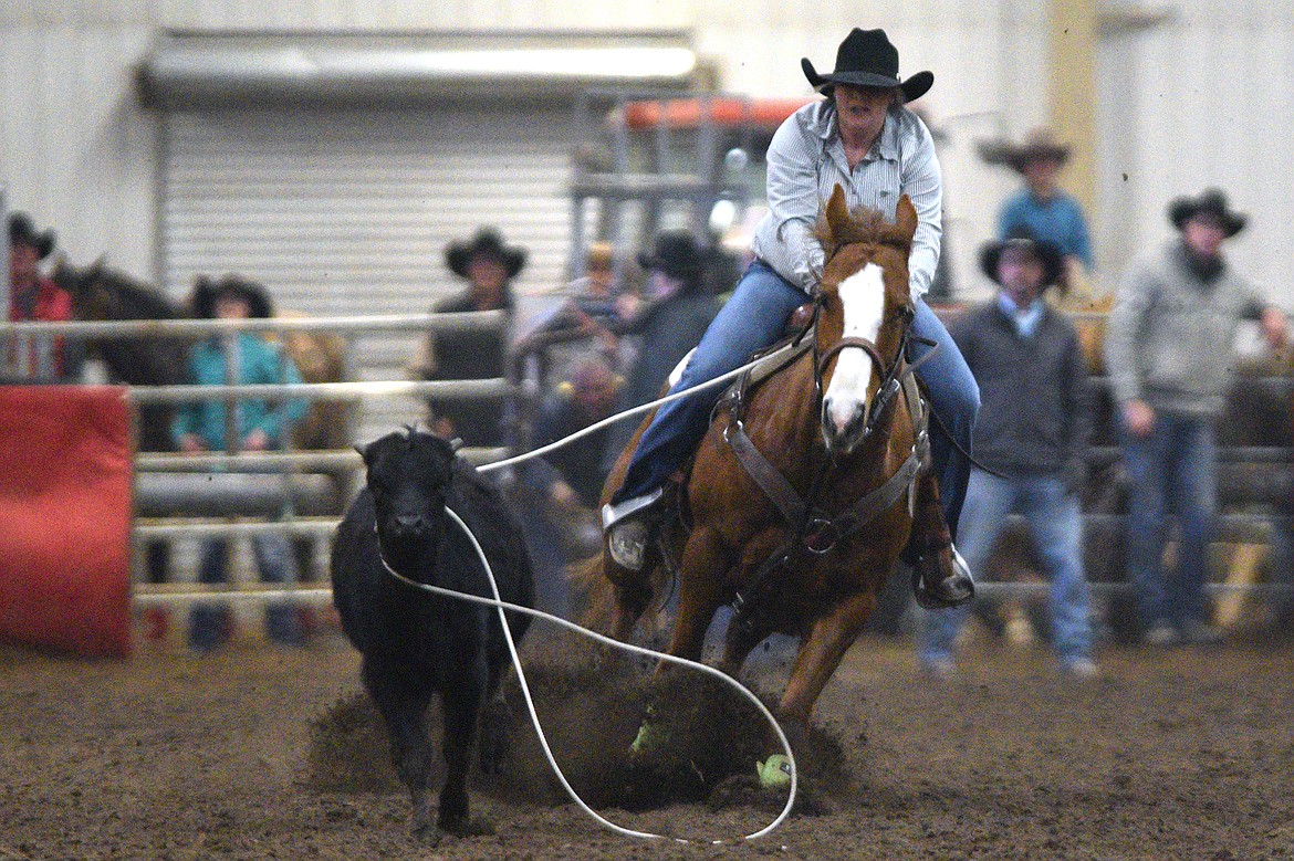 Hallie Sohr, of Ronan, ropes a calf during the breakaway event at the Montana High School Rodeo Association 2018 at Majestic Valley Arena in Kalispell on Friday. (Casey Kreider/Daily Inter Lake)