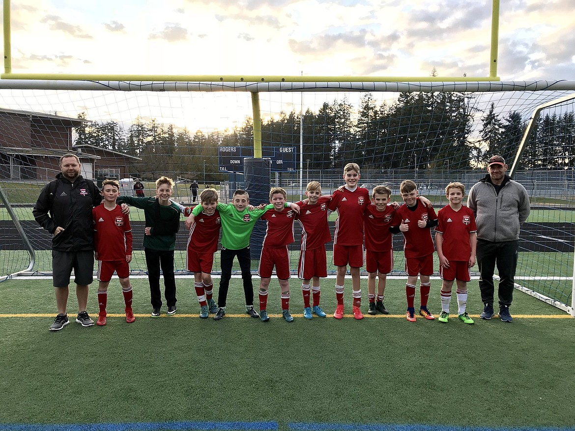 Courtesy photo
The Sting Timbers FC 06 boys red soccer team traveled to Seattle for three games this past weekend to start their season. STFC opened in Tacoma on March 17 with a 5-2 loss to the Nortac Sparta B06 Red. Jacob Molina had 1 goal and 1 assist. Haidyn Jonas had 1 goal. On their second game on Saturday, Sting traveled to Puyallup for a 5-3 win over the RSA Elite Damrau B06. Kason Pintler and Haidyn Jonas each had 2 goals. Max Entzi had 1 goal. Kason Pintler had 1 assist. On March 18 STFC played in Lynden, Wash., and lost 4-0 to the North County Alliance Rebels B06. Braden Latscha was in goal for all 3 matches. From left are coach Matt Ruchti, Kason Pintler, Jacob Molina, Aiden Rice, Braden Latscha, Connor Jump, Haidyn Jonas, Max Entzi, Lachlan May, Logan Delbridge, Connor Mongan and coach Mike Mongan.