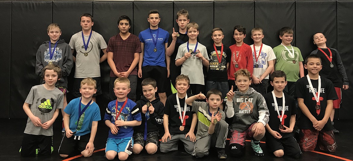 Courtesy photo
Team Real Life wrestlers participated in the Washington Little Guys Wrestling League&#146;s Mt. Spokane event on March 10. In the front row from left are Connor Fiest; Keegan Roll, 1st; Parker Stearns, 2nd; Paxton Purcell, 1st; Ryker Allen, 3rd; Lachlann Nilson, 1st; Will Rossi, 1st; Waylon Hinderager, 3rd and Benjamin Carrasco, 3rd; and back row from left, Jonathan Hansen, 1st; Cannon Oliver, 1st; Armando Laguna, 3rd; Devon Suko, 1st; Keanyn DeGroat, 1st; Bran Arman, 1st; Matt Williams, 2nd; Zak Campbell, 2nd; Trey Smith, 2nd; Caleb Alverson, 3rd and Briley Arnett, 2nd. Placing but not pictured are Jacob Kunzi, 2nd and Lucas Williams, 4th.