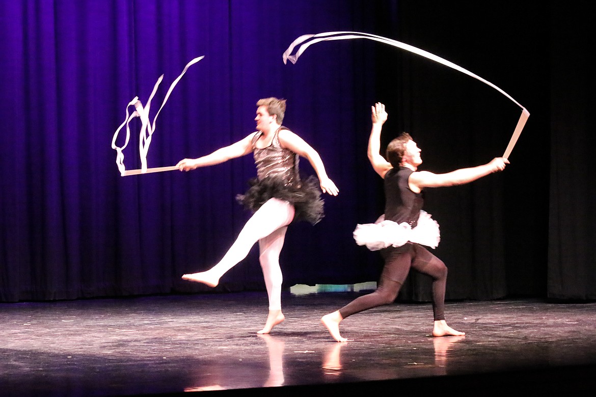 Photo by MANDI BATEMAN
Shayne Walker and Kendall Stone performing a ribbon dancing routine for the talent show.