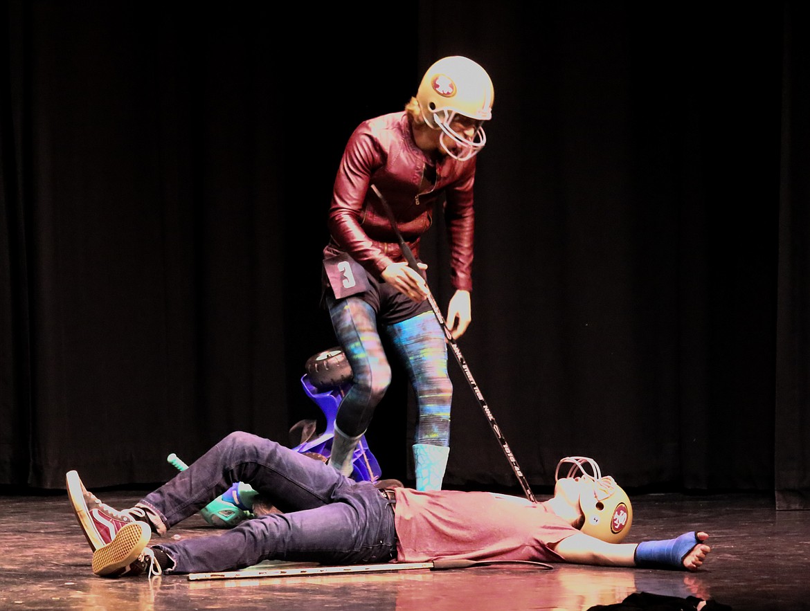 Photo by MANDI BATEMAN
Shiloh Thomas takes down Malin Worley during their skit, a Jousting Match with a Twist.