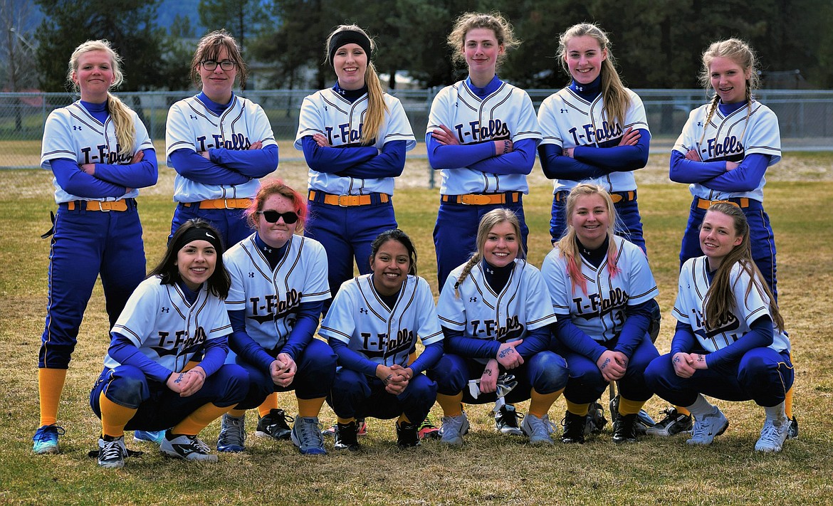 THE THOMPSON Falls softball team, from left, front row, Kelsey Frank, Aidin Losure, Aleina Fitzgerald, Maya Stiles, Melaina Goodman and Sarah Detlaff. Back row, from left, Faith Frields, LaKayla VanCampen, Belle Cooper, Jody Detlaff, Haley Morgan and Riley Wilson. (Photo courtesy of Jared Koskela)