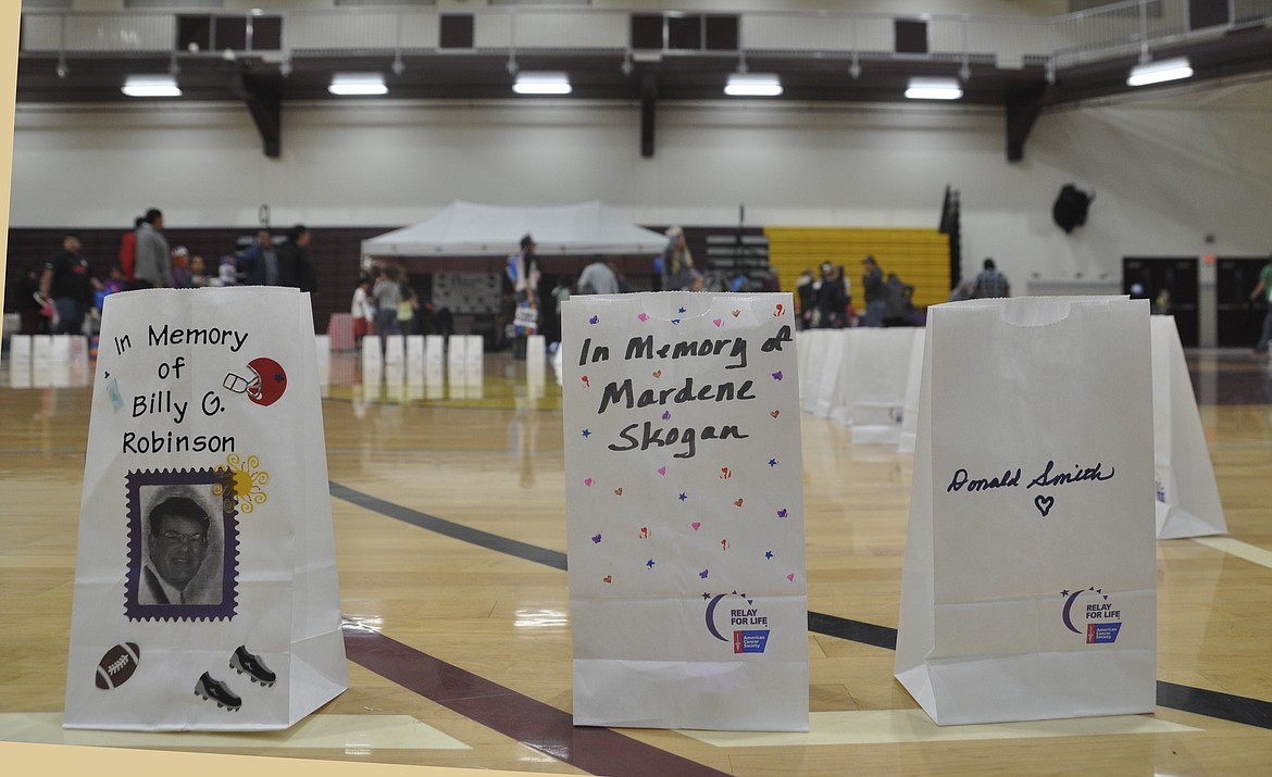 PERSONALIZED LUMINARIES in memory of loved ones lost to cancer were placed in the Joe McDonald Health and Fitness Center in Pablo last week for Relay for Life. (Ashley Fox/Lake County Leader)