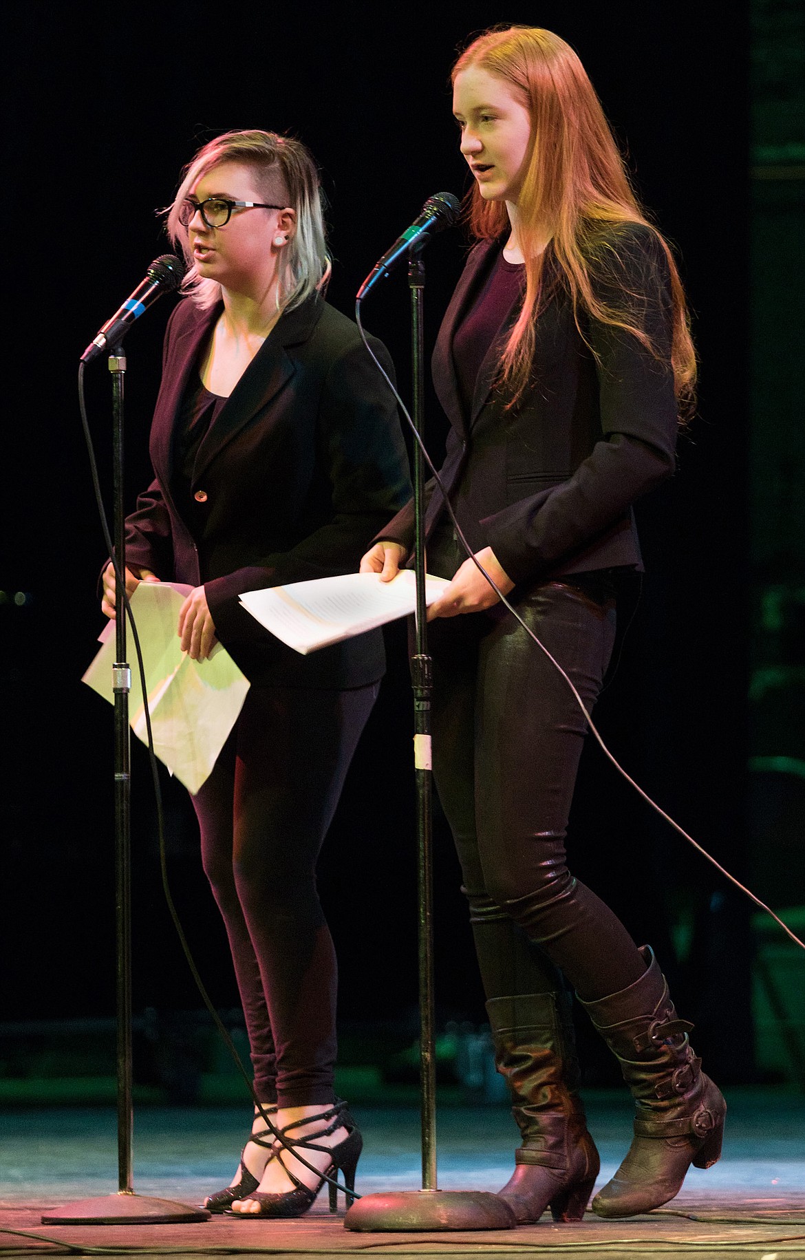 Starlyn Mayberry, left, and Aleah Ford perform a Serious Slam Poetry piece titled &#147;Dear Students.&#148; (John Blodgett/The Western News)