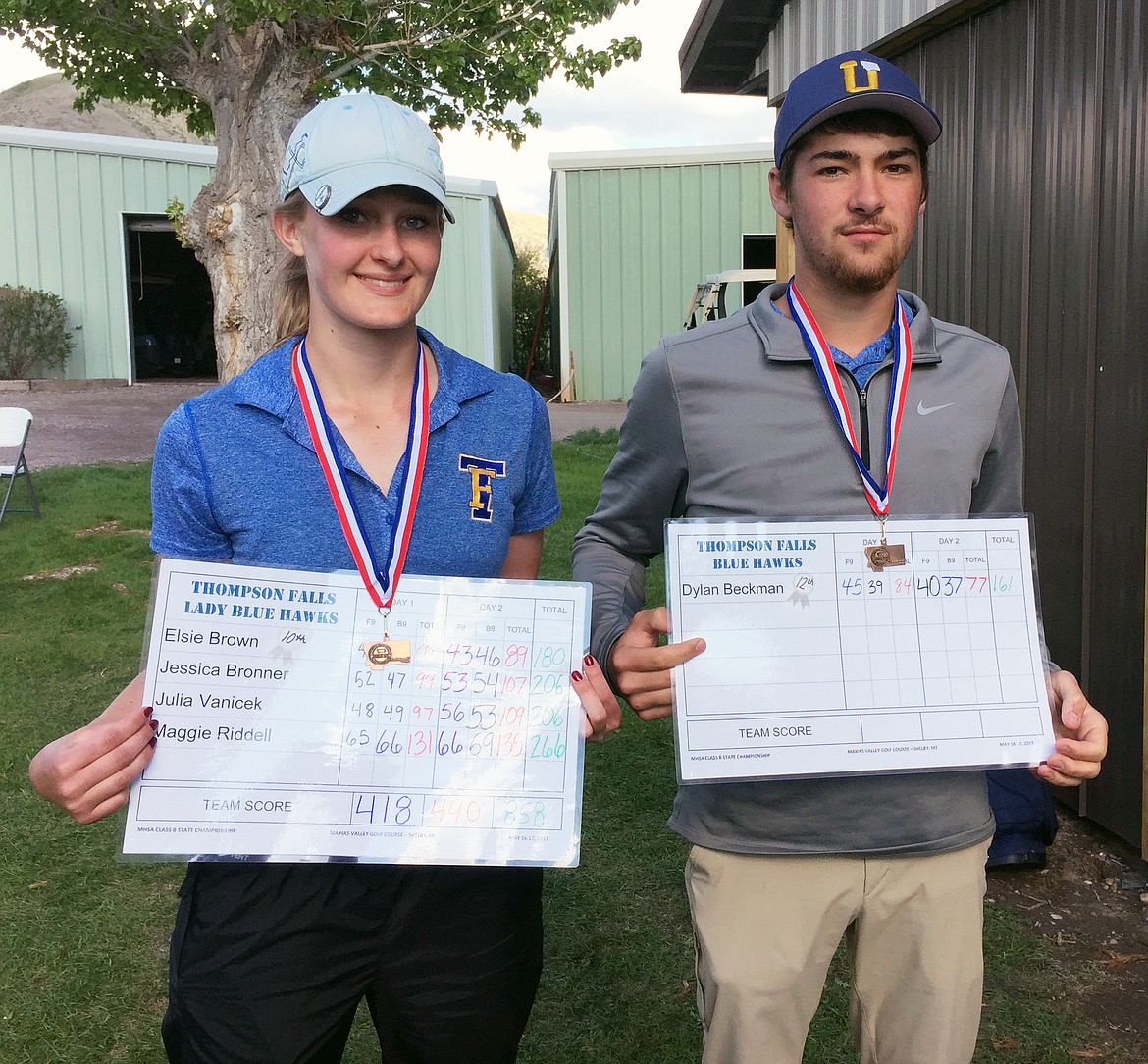 THOMPSON FALLS golfers Elsie Brown (left) and Dylan Beckman (right) pose after their achievements in last year's MHSA Class B-C state competition. This year, these two competitors hope to receive all-state accolades as they prepare for the 2018 season. (photo courtesy of Michael Bates)