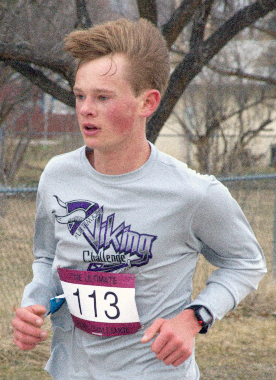 CHARLO RUNNER Wills Degrandpre heads to the finish during the Charlo Vikings 10K challenge Saturday morning at Charlo High School. (Photo by Jason Blasco/Lake County Leader)