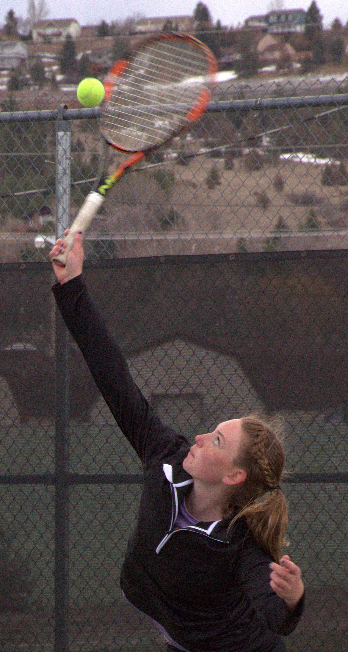 POLSON HIGH School Sharmaine Zempel delivers a serve against Corvallis Saturday afternoon at Linderman Elementary High School. (Jason Blasco/Lake County Leader)