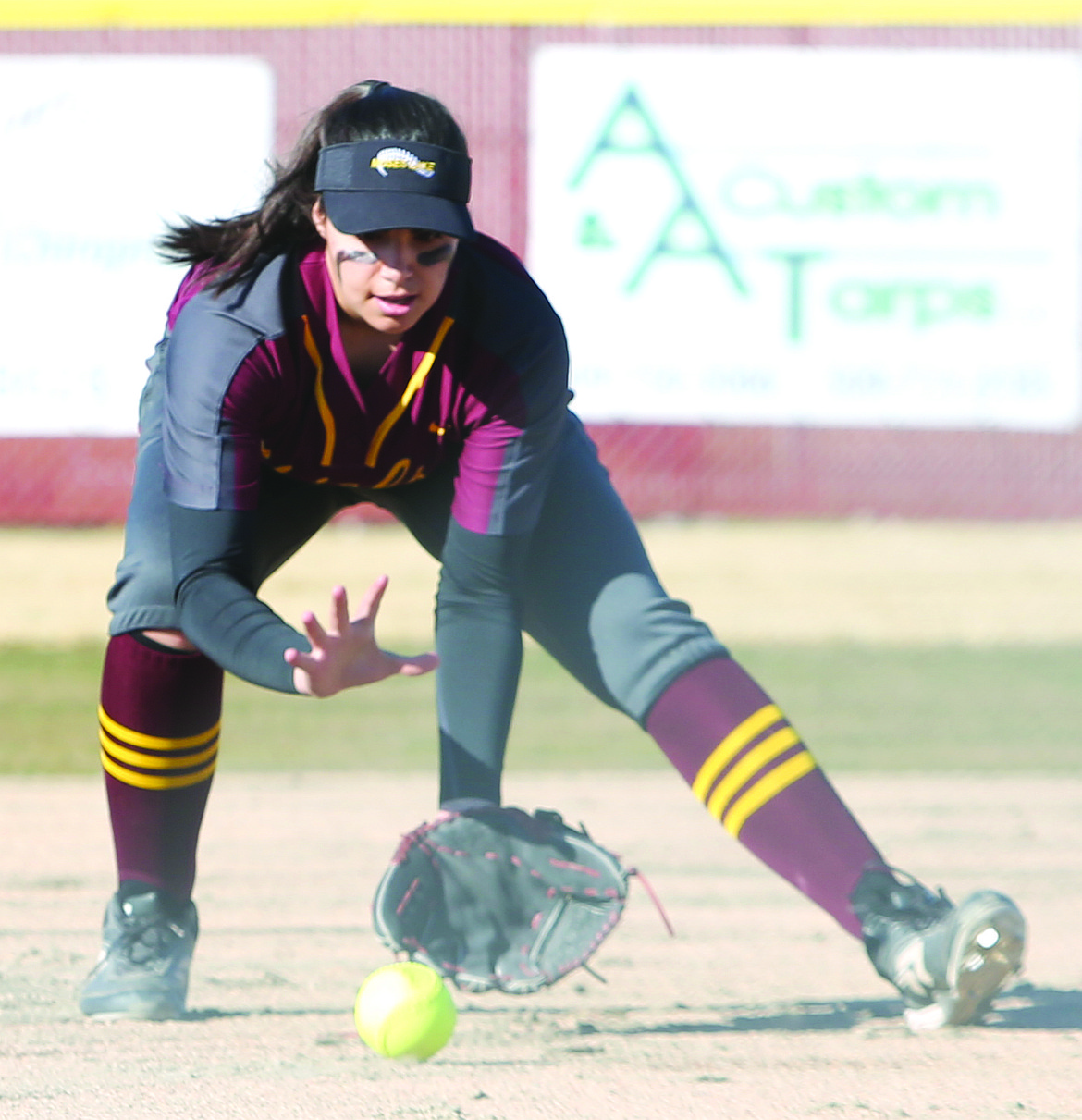 Connor Vanderweyst/Columbia Basin Herald
Moses Lake third baseman Madison Olson fields a ground ball against West Valley.