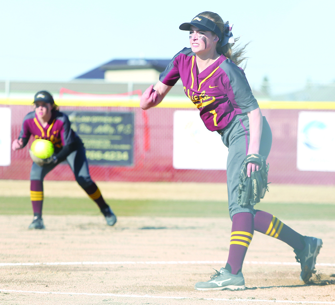 Connor Vanderweyst/Columbia Basin Herald
Moses Lake starter Gina Skinner delivers to the plate against West Valley.