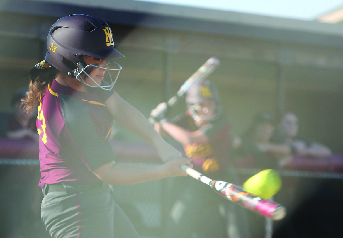 Connor Vanderweyst/Columbia Basin Herald
Moses Lake center fielder Brooklyn Bailey connects on the first of two home runs against West Valley.