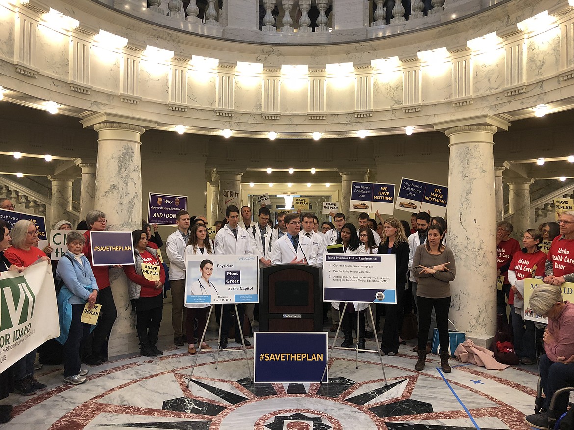 (Photo by KYLE PFANNENSTIEL)
Dr. Ryan Billington speaking at the &#147;Close the Gap&#148; rally at the Idaho State Capital Thursday.