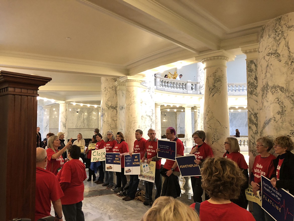 (Photo by KYLE PFANNENSTIEL)
Protestors standing in front of the Idaho House chambers to greet lawmakers as they adjourn from the morning session Thursday.