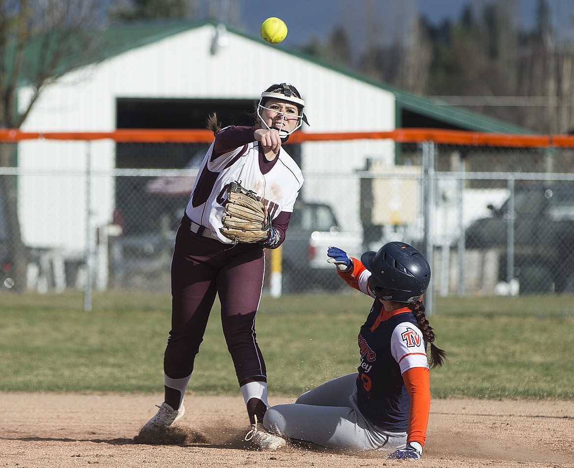 North Idaho College infielder Kayla Curtan steps on first base and throws to first during Friday&#146;s game against Treasure Valley. (LOREN BENOIT/Press)