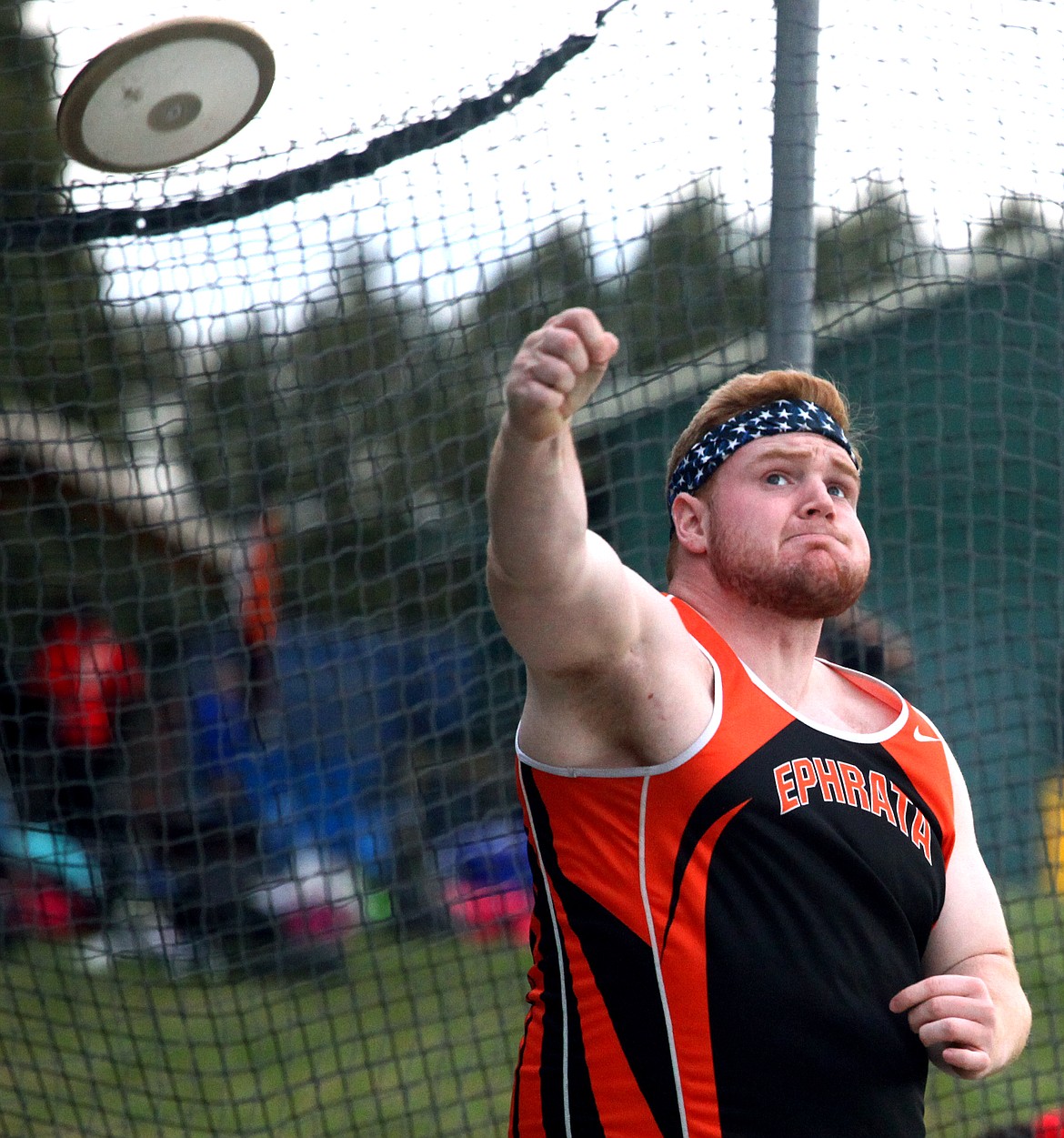 Rodney Harwood/Columbia Basin Herald
Ephrata thrower Gavan Allen turns it loose a throw during the discus competition on Thursday at the Best of the Basin track and field meet in Quincy.