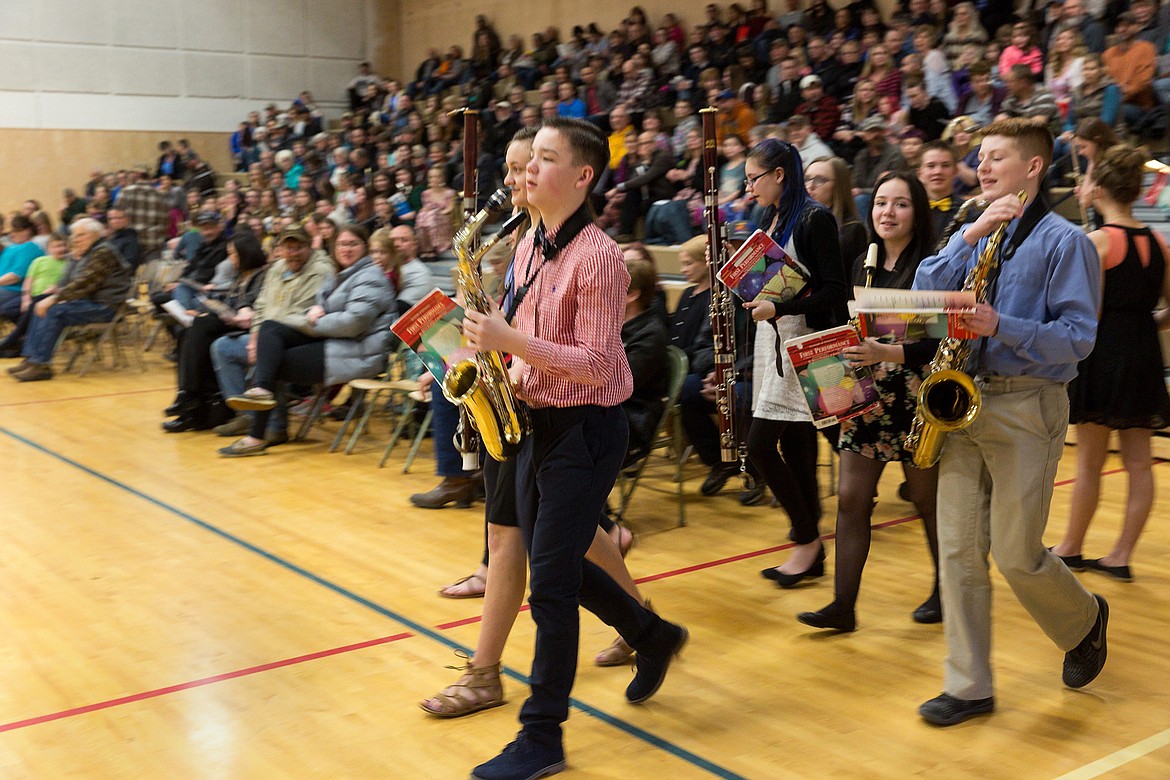 The Libby Middle School eighth grade band takes to the floor to perform during a concert in the Libby Elementary School gym on Tuesday, March 27, 2018. (John Blodgett/The Western News)