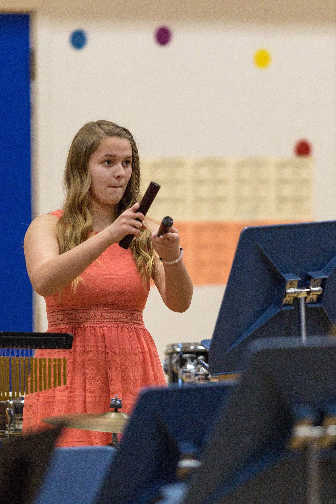 Percussionist Josslyn Hoover, a Libby seventh-grade student, performs during a concert in the Libby Elementary School gym on Tuesday, March 27, 2018. (John Blodgett/The Western News)